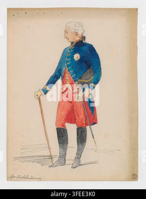 A 19th-century drawing of Mr Delaboundormais, a standing figure in a blue coat with gold trim, red trousers, black boots, and a white powdered wig, holding a cane and a sword, by Charles Bianchini, a French draughtsman. Stock Photo