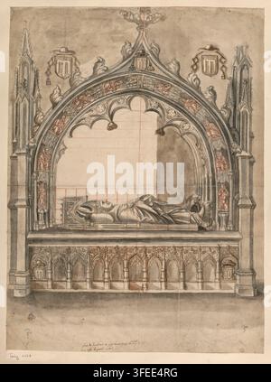 A monumental tomb built into a wall, featuring a rectangular base with a recumbent figure lying on it, covered in drapery, beneath a pointed arched canopy with tracery, pinnacles, and decorative elements, in a drawing. Stock Photo