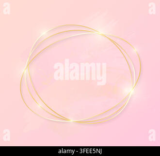 Gold shiny glowing circles oval frame with rose pastel brush strokes isolated on pink background. Golden luxury line border for invitation, card, sale Stock Vector