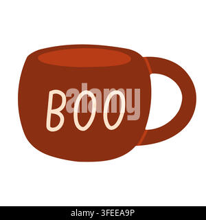 Cozy brown ceramic mug with Boo lettering vector isolated on white. Ideal for Halloween party invitations, autumn drink menus, scary cute prints, and Stock Vector