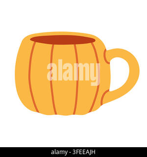 Cute yellow pumpkin-shaped ceramic mug vector isolated on white. Perfect for autumn Halloween drink graphics, Thanksgiving kitchen prints, and fall Stock Vector