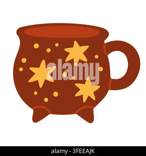 Brown witch cauldron ceramic mug with yellow stars vector isolated on white. Great for Halloween drink designs, spooky cozy art, and autumn graphics Stock Vector