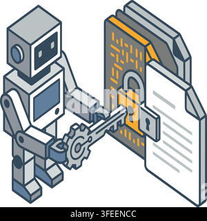 Isometric Robot Unlocking Encrypted Digital Folders with a Key Stock Vector