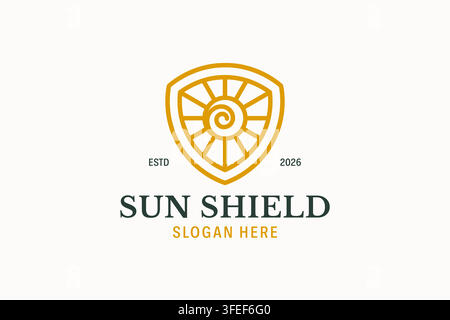 Sun Shield Logo Template with Solar Energy Burst and Protection Crest Icon Stock Vector