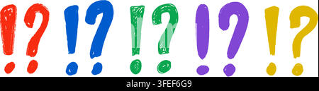 Hand drawn exclamation points and question marks set. Colored crayon doodle punctuation symbol collection. Rough brush stroke sketched important warning sign pack. Vector charcoal note design elements Stock Vector