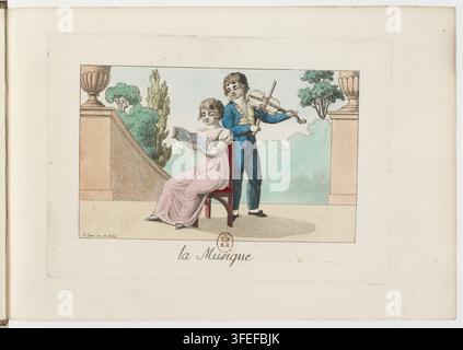 A man plays the violin while a woman holds a music book, positioned between two stone pillars with trees and sky behind them, in a scene titled "la Musique". Stock Photo