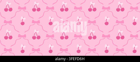 Cute seamless pattern with cherries, bows and hearts on pink background in retro coquette aesthetic. Great for textile and fashion prints. Stock vecto Stock Vector
