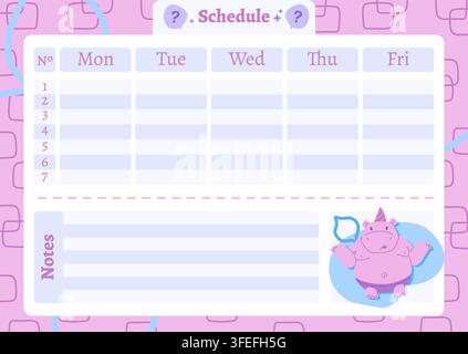 Cute Hippo Weekly Schedule Planner for Kids Cartoon Template Stock Vector