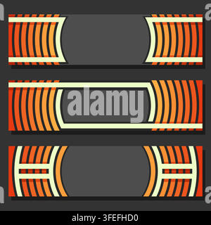 Vector set of Header Templates with black copyspsce, 3 orange futuristic banners with curve element on grey background, three horizontal creative head Stock Vector