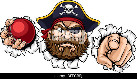A Pirate man holding Cricket ball and pointing sports team cartoon character mascot illustration. Stock Vector