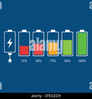 Battery charge status icons showing different power levels from charging to full capacity for digital device energy management. Stock Vector