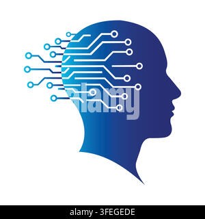 Human head profile silhouette with electronic circuit board lines and nodes for artificial intelligence and technology concept. Stock Vector