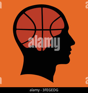 Human head profile silhouette containing basketball pattern concept for sports psychology or athletic mindset design element. Stock Vector