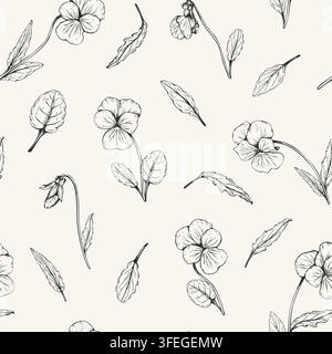 Botanical seamless pattern with hand drawn pansy flowers and leaves. Vector illustration of monochrome viola tricolor blossoms in sketch style on Stock Vector