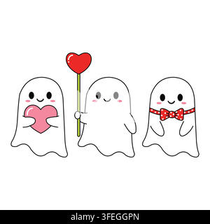 Cute cartoon ghost characters holding hearts and wearing a bow tie for valentine's day or halloween. Stock Vector