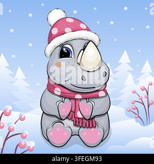 Cute cartoon rhino in winter. Vector illustration of animal with hat and scarf on blue background with snow and trees. Stock Vector