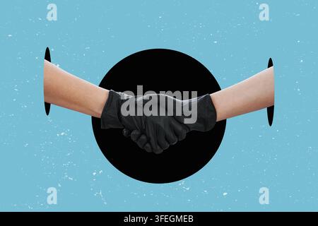 Oil deal concept. A handshake while wearing safety work gloves, isolated on free background. Stock Photo