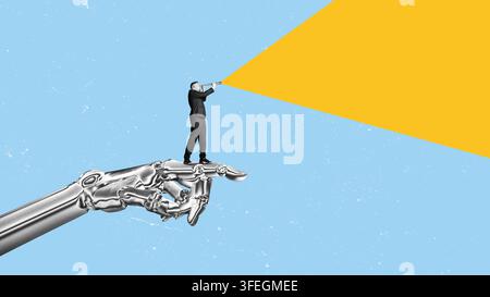 A cyber AI robot hand points out where the businessman with a telescope should look. Finding information using artificial intelligence. Modern wayfind Stock Photo