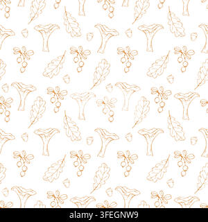 Seamless autumn pattern with hand drawn wild mushrooms, oak leaves, berries and acorns in warm orange line art on a white background. Stock Vector