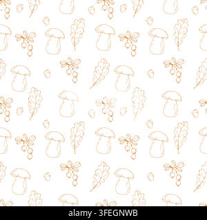 Seamless woodland pattern with hand drawn mushroom, oak leaf, berry and acorn elements in warm orange line art on a white background. Stock Vector