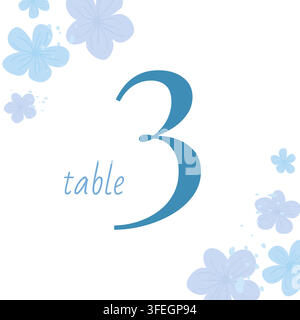 Elegant table number card with blue cursive text table 3 and bold numeral, surrounded by delicate light blue floral illustrations. Perfect for wedding Stock Vector