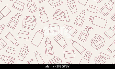 Cosmetic Packaging seamless pattern. Skincare bottles, cream jars, tubes, droppers, pumps and dispensers linear minimal vector illustration. Simple Stock Vector