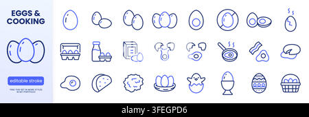 Eggs line icon set. Packaging carton, fried egg, boiled, omelet, breakfast bacon, Easter, hatching chick linear minimal vector illustration. Simple Stock Vector