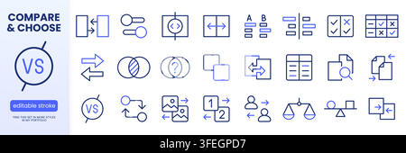 Comparison line icon set. Side-by-side compare, slider, A B test, file merge minimal vector illustrations. Simple outline signs for UI contrast Stock Vector