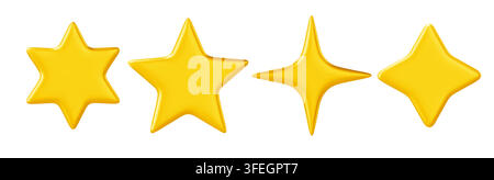 Realistic set of 3d gold stars on white background. Vector illustration of yellow sparkle signs for badge, review, trophy, and festive decoration designs, premium quality award icon, christmas sticker Stock Vector