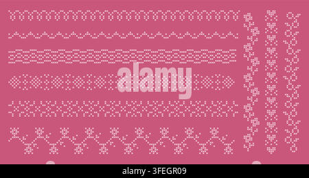 Cross stitch border patterns with embroidery frames and floral ornaments. Vector corner and line elements with pixel texture for fabric decoration, ethnic blanket edges, and vintage textile designs Stock Vector