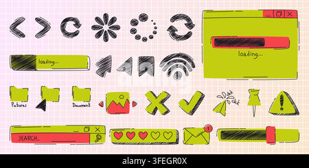 Hand drawn doodle browser icons, search bar and loading progress circles, sketch vector buttons. Ui elements for web interface design, computer window and cursor arrows, folder and new message mockups Stock Vector