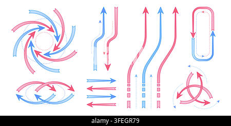 Red and blue arrow icons showing heat flow direction and fresh air circulation with color gradient effect. Vector abstract illustrations of hot and cold airflow lines, wind or ventilation stream Stock Vector