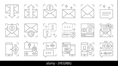 Modern chat interface icons set on white background. Vector doodle illustration of incoming and outcoming message notifications, envelopes with AI signs, video call symbol, digital communication Stock Vector