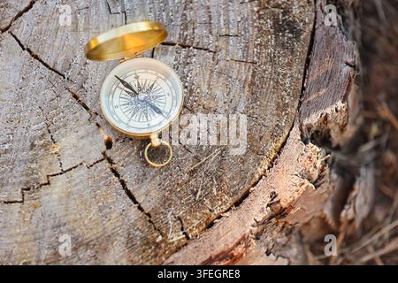Direction and life path vintage brass compass on a weathered tree stump guidance exploration travel and finding purpose in nature Stock Photo