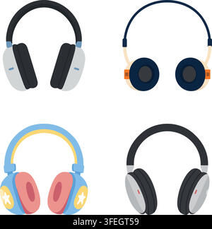 A clean illustration set featuring four different over ear headphone designs in modern, retro, playful, and minimal styles. Stock Vector