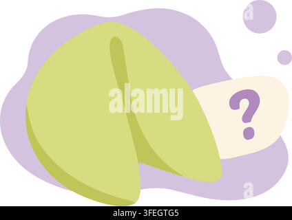 Flat illustration of a light green fortune cookie on a lavender background with a small note card featuring a question mark Stock Vector