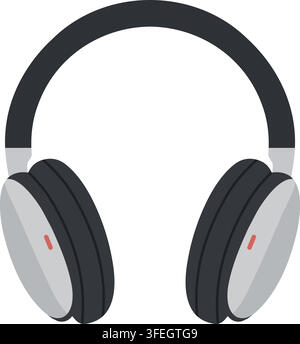 Flat illustration of black and silver headphones shown from the front with sleek ear cups and small red accent marks Stock Vector