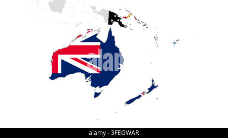 Map of Oceania with countries filled with their national flags Stock Vector