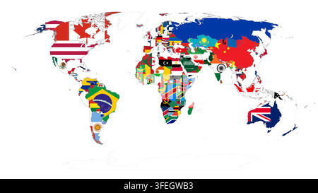 World map in flag filled style with countries filled with national flags Stock Vector