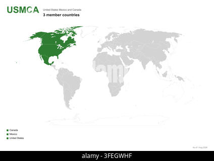 Usmca trade agreement members canada, mexico, and united states shown on world map Stock Vector