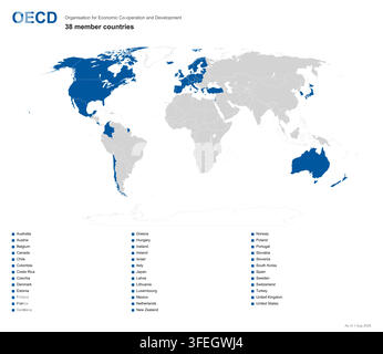 World map illustrating the 38 countries belonging to the organisation for economic co-operation and development Stock Vector