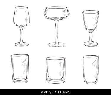 empty glasses set hand drawn black ink vector isolated illustration. Six wine glasses, cocktail goblets, and tall tumblers clip art linear drawing. Stock Vector