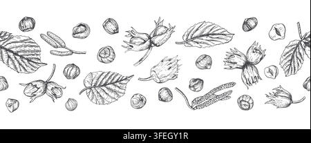 Hazelnut elements seamless black ink vector banner. Nuts in husks, kernels, catkins, and leaves etching drawing. Hand drawn botanical border Stock Vector