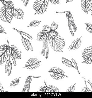 Hand drawn hazelnut branch, leaf and catkin seamless isolated black ink vector pattern. Linear drawing of forest harvest for monochrome wallpaper Stock Vector