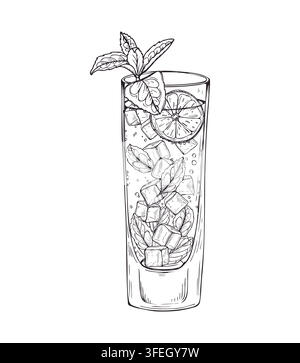 Tall mojito cocktail glass filled with ice cubes, lime slices, and mint leaves line art black ink sketch. Monochrome bar refreshing drink illustration Stock Vector