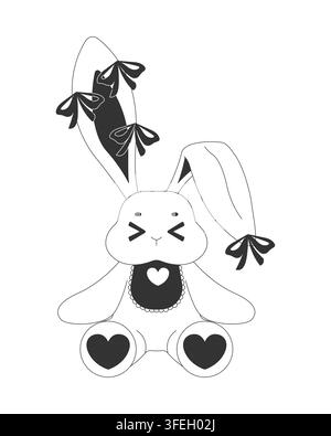 Cute bunny plush toy with heart and bow decorations black and white cartoon clipart Stock Vector