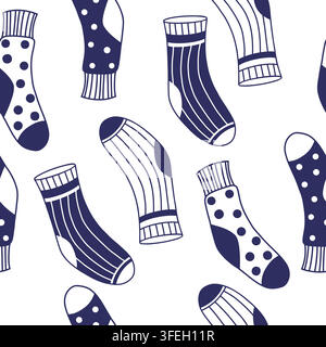 Navy Blue Socks Seamless Pattern. Knitted Winter Stockings Hand Drawn Texture with Polka dot and Striped Design on White Background. Vector Illustrati Stock Vector