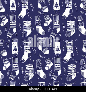 Seamless Pattern Christmas Socks and Stockings Hand Drawn. White Knitted Winter Hosiery with Clothespins, Holiday Gift, Trees, Bear, Floral and Geomet Stock Vector