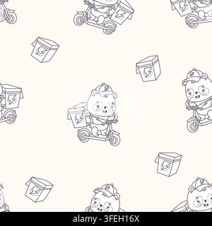 Outline Seamless Pattern Cute Kawaii Panda Courier on Scooter. Happy Bear Mascot Character with Delivery Box Showing Thumbs Up Gesture On White Backgr Stock Vector