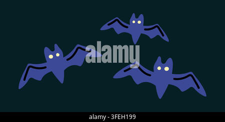 Spooky Halloween flying bats with glowing eyes hand drawn vector icon for sticker design Stock Vector